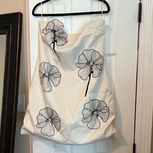 Cream Strapless Dress with Black Floral Design